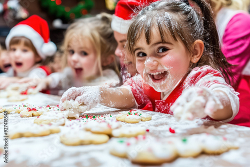 Children Baking Christmas Cookies with Joyful Expressions.