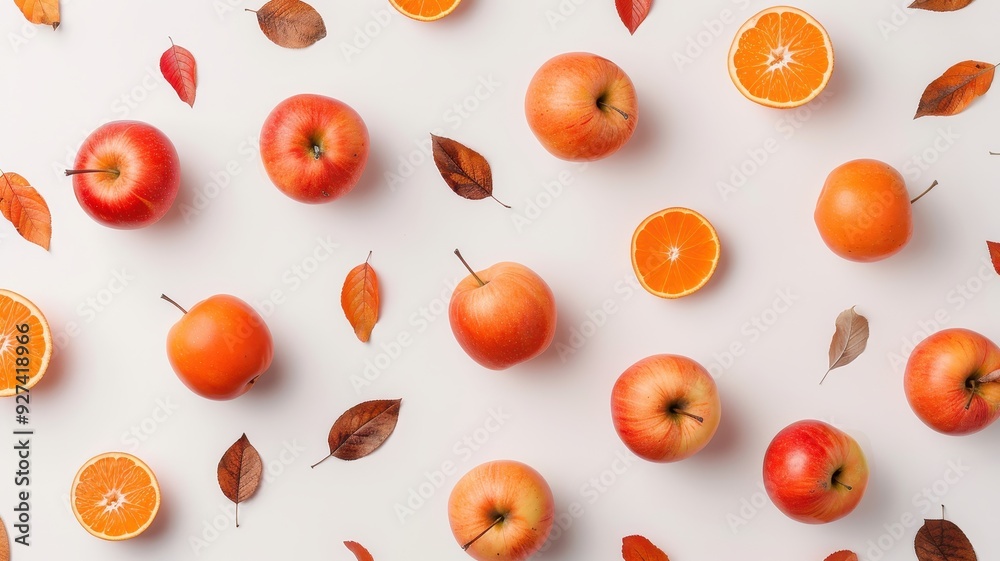 Top view of fresh apples and orange slices with autumn leaves on a white background. Perfect for seasonal and healthy food themes.