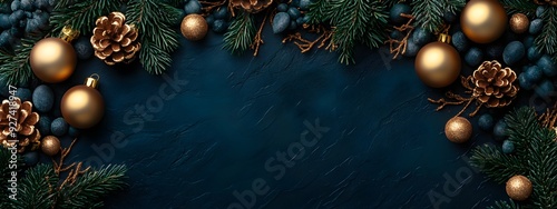 Gold Christmas Ornaments and Pine Branches on Navy Blue Background