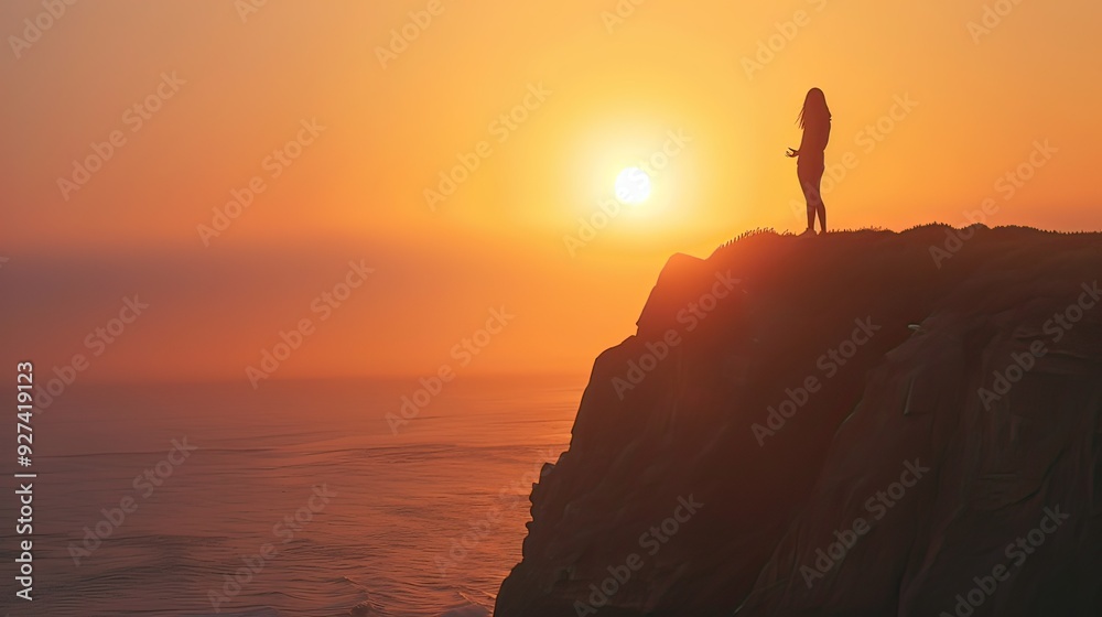 Woman of Latin descent standing on a cliff, silhouetted against a stunning sunset, with a gesture of gratitude and serenity. Woman of Latin descent standing on a cliff, silhouetted against a stunning sunset, with a gesture of gratitude and serenity.