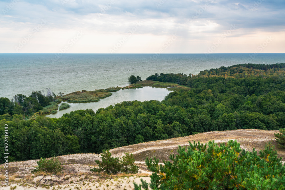 View of Swan Lake from observation deck on Olenya Buda dunes. Curonian Spit National Park. Russia