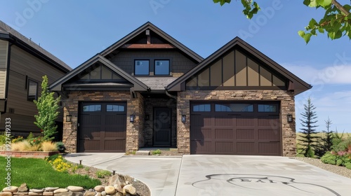 Modern home with stone facade and double garage doors.