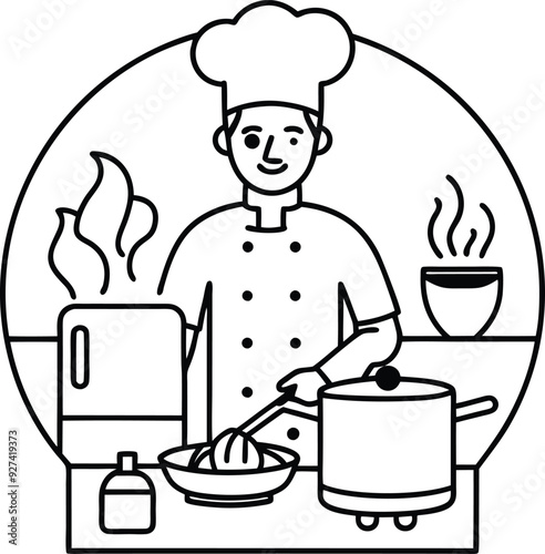 chef cooking food in kitchen illustration
