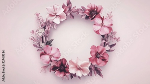Blushing Blooms: A delicate floral wreath in romantic hues of pink and purple, perfect for feminine and elegant designs. 