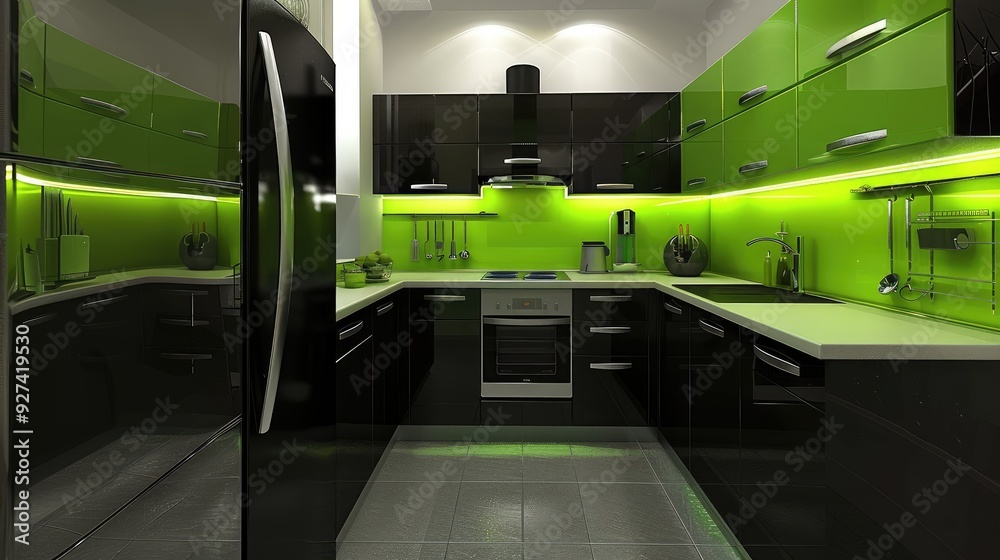 Tiny, modern kitchen in black and green, minimalistic, and stylishly designed Tiny, modern kitchen in black and green, minimalistic, and stylishly designed