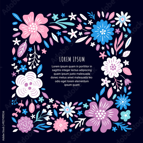 Aesthetic composition with floral pattern. Boho flower frame with place for text. Provence style print for rsvp cards, wedding invitations, notebook, diary, notepad covers. EPS 10 vector illustration.