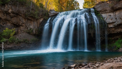 a waterfall that falls into the lake