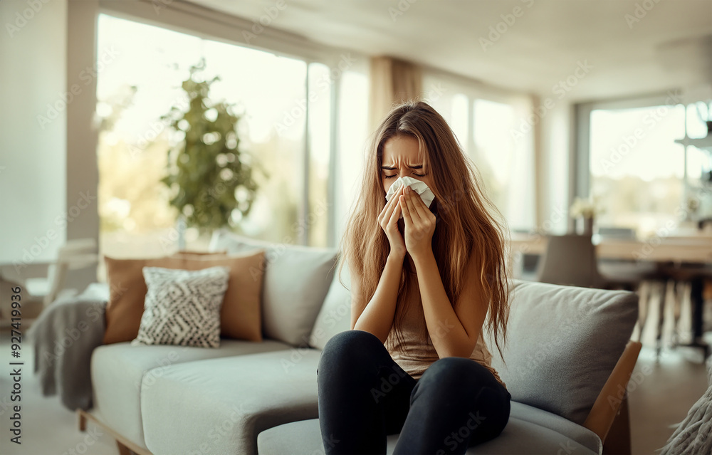 Young woman, tissue, living room Young woman, tissue, living room