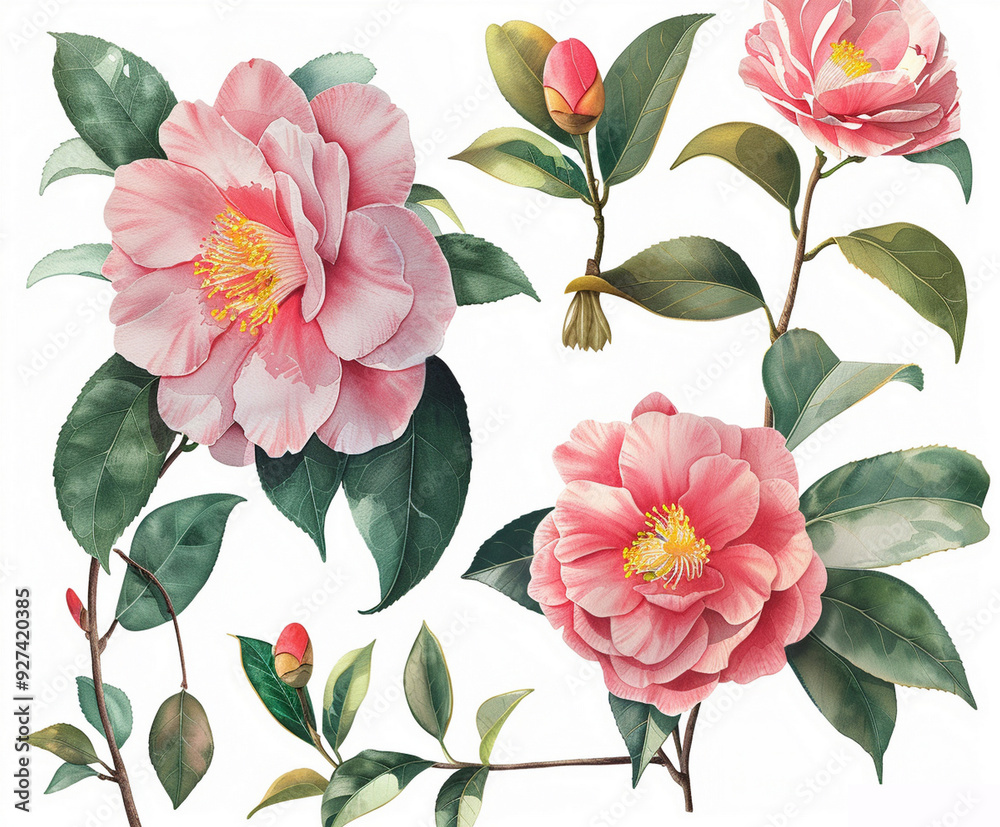 watercolor camellia flowers leaves watercolor camellia flowers leaves