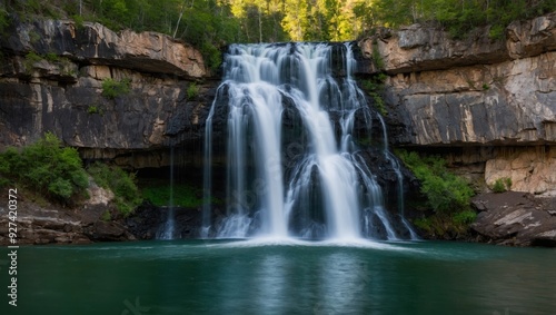a waterfall that falls into the lake