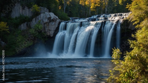 a waterfall that falls into the lake