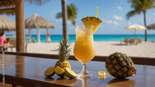 Glass of Puerto Rican Rum with Piña Colada at a Lively Beach Bar