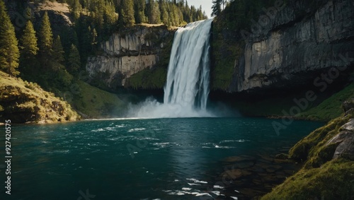 a waterfall that falls into the lake