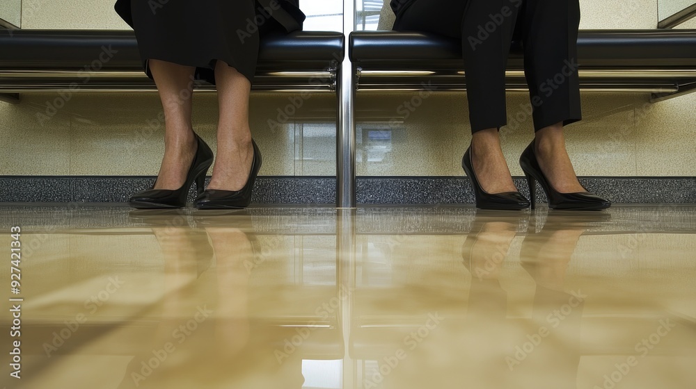 Fototapeta premium Close-up of business people's legs, neatly dressed, waiting anxiously for a job interview in a sleek, modern office lobby.