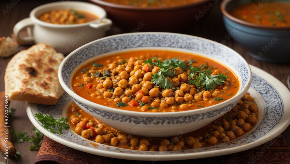 a bowl of red, spicy soup with chickpeas, a bowl of red, spicy soup with chickpeas,