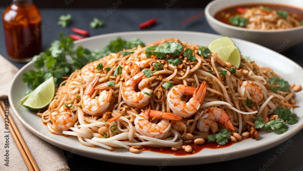 a dish of noodles with shrimp, peanuts, a dish of noodles with shrimp, peanuts,