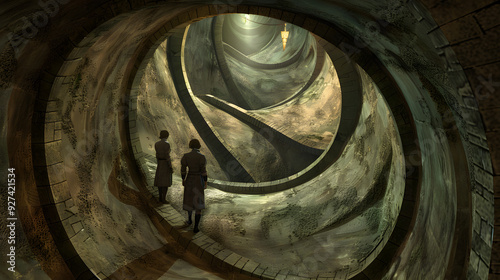 Two friends, a boy and a girl, searching for treasure in ancient times. photo