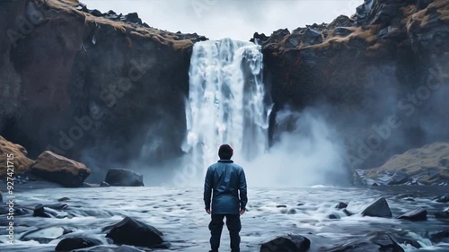 Male tourist standing in front of epic waterfall, landscape motion video 