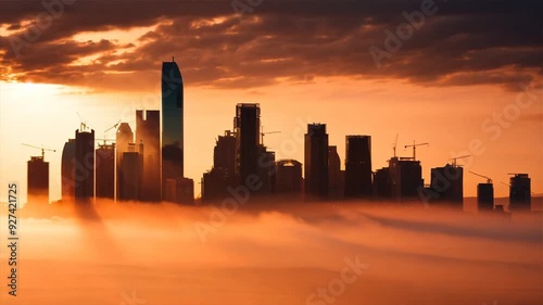 Vibrant Sunset Over Urban Cityscape: Modern Skyline and Architecture Silhouetted Against a Colorful Sky