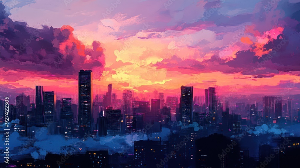 Fototapeta premium Cityscape with Vivid Pink and Yellow Sunset Sky