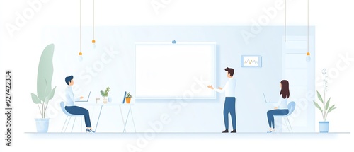 An HR specialist presenting leadership strategies to a team of employees, using visual aids and interactive tools