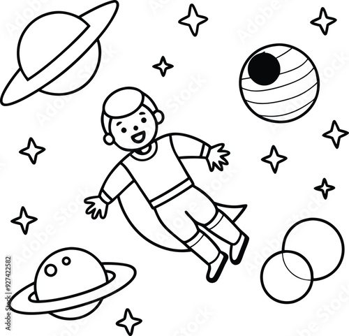 a coloring page with a boy in space