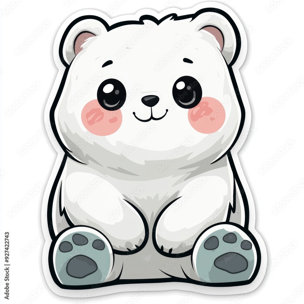 Naklejka premium Cute Cartoon Polar Bear with Big Eyes and Pink Cheeks