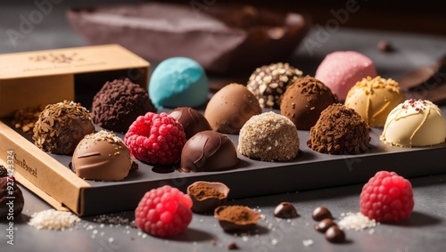 a variety of chocolates, some in a box and some scattered around