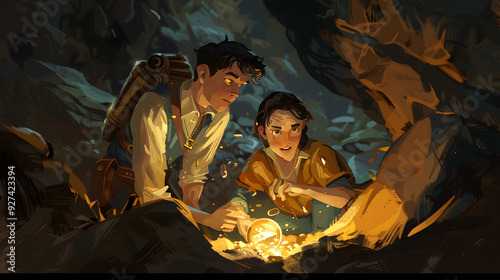 Two friends, a boy and a girl, searching for treasure in ancient times. photo