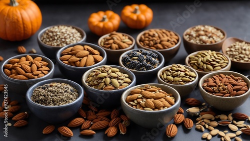 There are many different types of nuts and seeds in bowls