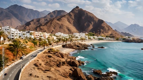 Canarian islands with road next to coastline with rugged volcano mountain landscape, summer travel motion video