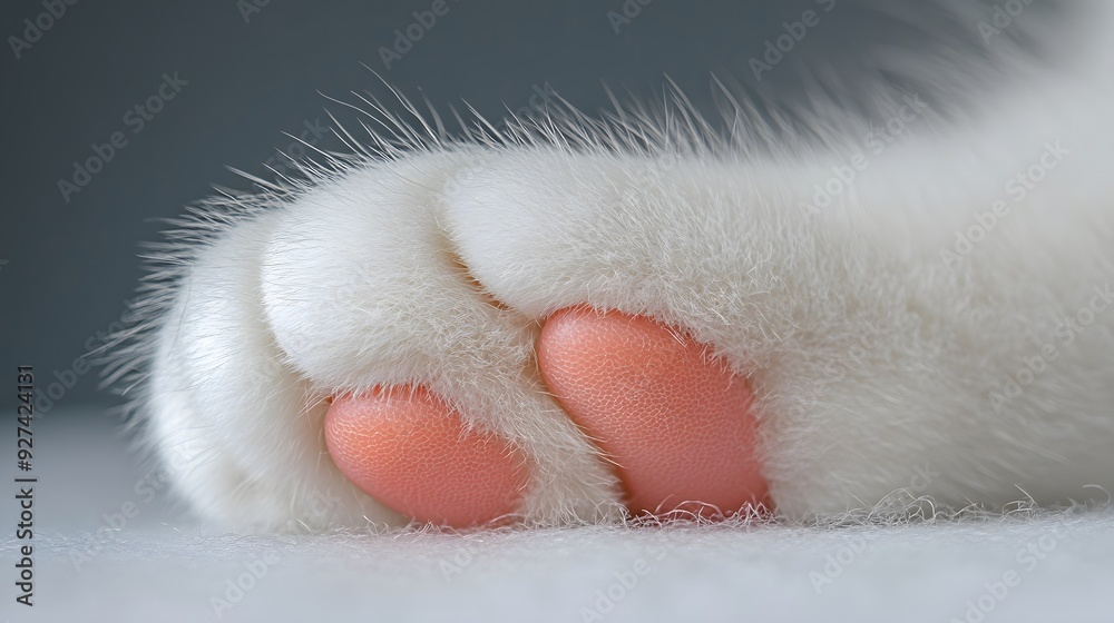 Cat paw, white fur, pink paw pads, close-up, macro photography, soft lighting, detailed texture, high resolution, studio shot, white background. Cat paw, white fur, pink paw pads, close-up, macro photography, soft lighting, detailed texture, high resolution, studio shot, white background.