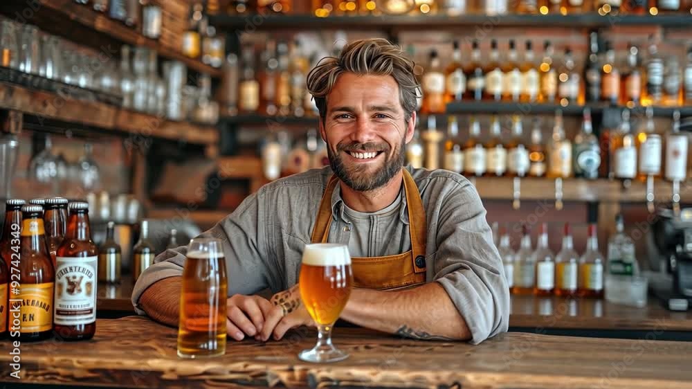 Caucasian barman standing in a pub, pouring drinks Caucasian barman standing in a pub, pouring drinks