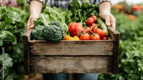 Hands holding a wooden box overflowing with farm-fresh vegetables, highlighting the bounty of a produce delivery service.