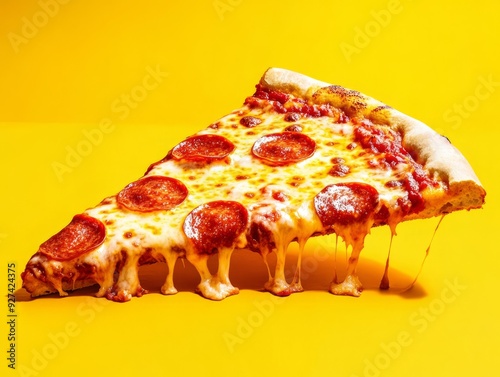 A single slice of pepperoni pizza with melted cheese dripping over a yellow background. photo