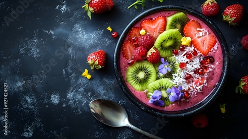 Colorful smoothie bowl on dark slate background, top view, acai base with sliced kiwi, strawberries, coconut flakes, and edible flowers, silver spoon, scattered berries, black stone bowl. photo