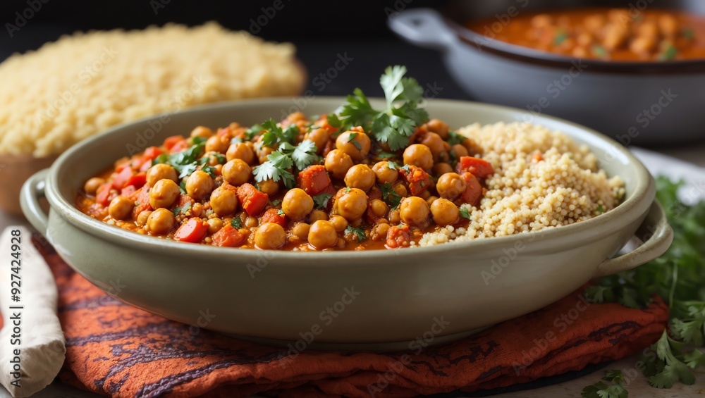a dish with chickpeas in a red sauce, a dish with chickpeas in a red sauce,