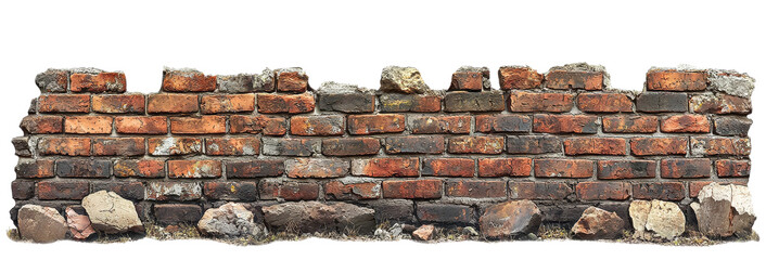 Cracked brick wall with signs of decay and patches of missing plaster, featuring uneven and weathered bricks, isolated on transparent background clipart