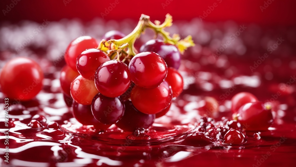 a cluster of red grapes in a pool of red liquid. a cluster of red grapes in a pool of red liquid.