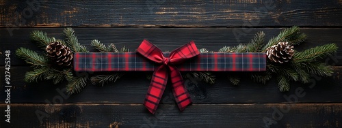 Red Plaid Bow with Pine Sprigs on Black Wooden Background