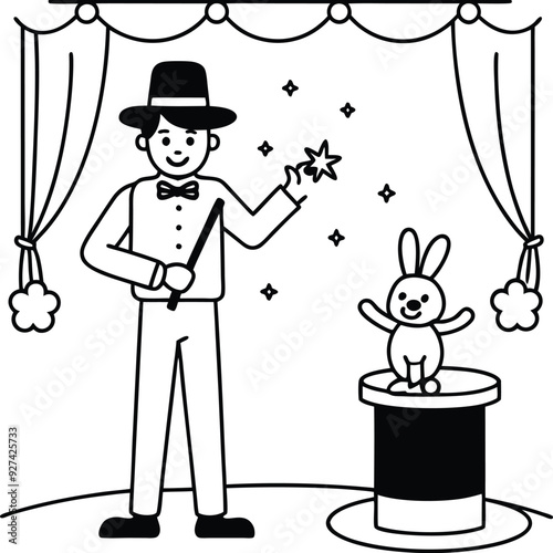 magician with rabbit and magic wand illustration
