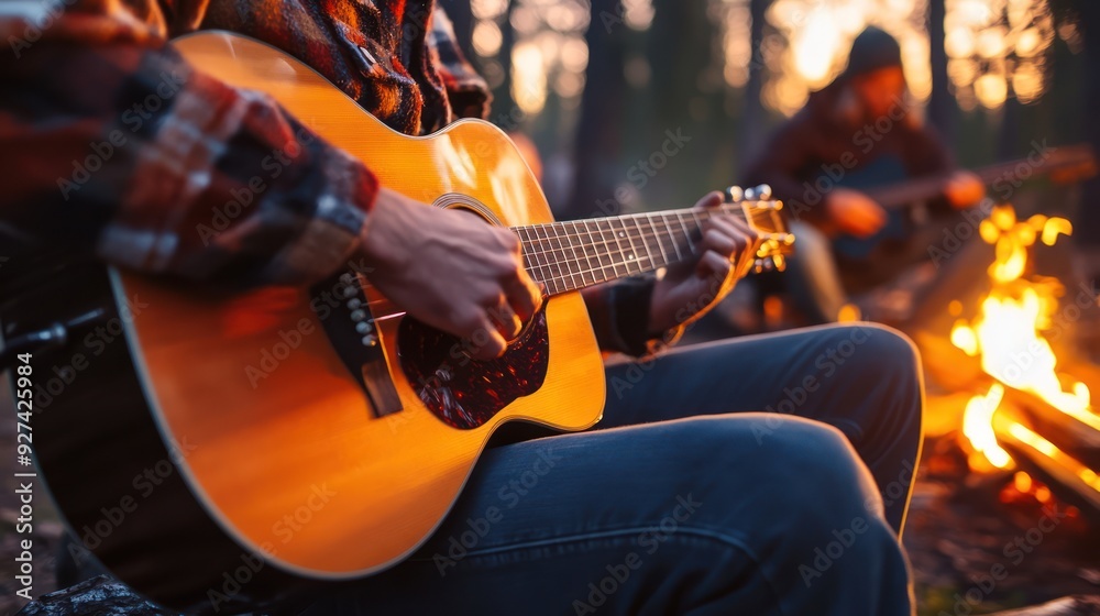 Fototapeta premium Close-up of a Person Playing an Acoustic Guitar by a Campfire