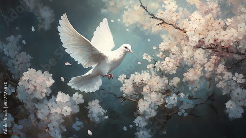 An oil-painted high-angle view of a serene dove gracefully landing on a blooming cherry blossom tree, with soft, ethereal lighting enhancing the scene