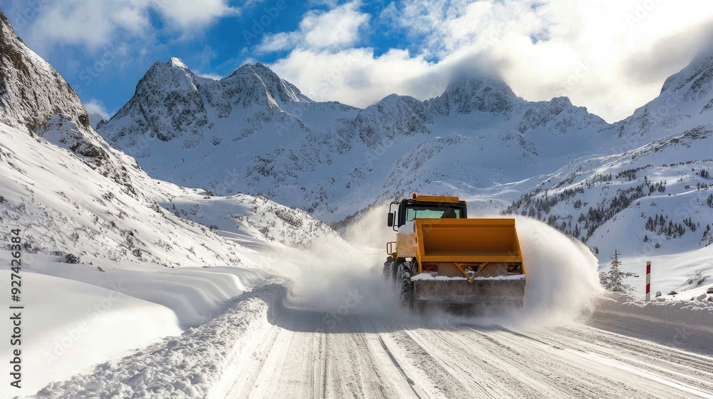 Snowplough in action, pushing snow off a mountain road after a winter storm, with snow-covered peaks in the distance Snowplough in action, pushing snow off a mountain road after a winter storm, with snow-covered peaks in the distance