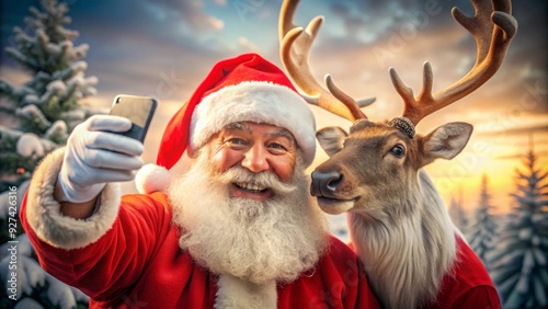 Happy smiling Santa Claus taking a selfie with reindeer