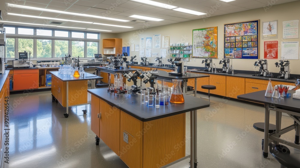 A modern science laboratory equipped with microscopes and glassware for experiments. A modern science laboratory equipped with microscopes and glassware for experiments.