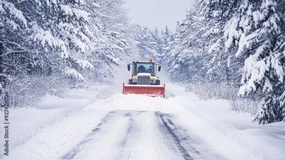 Snowplough moving through a snow-covered rural road, clearing the way after a severe winter storm, with heavy snowfall still visible Snowplough moving through a snow-covered rural road, clearing the way after a severe winter storm, with heavy snowfall still visible