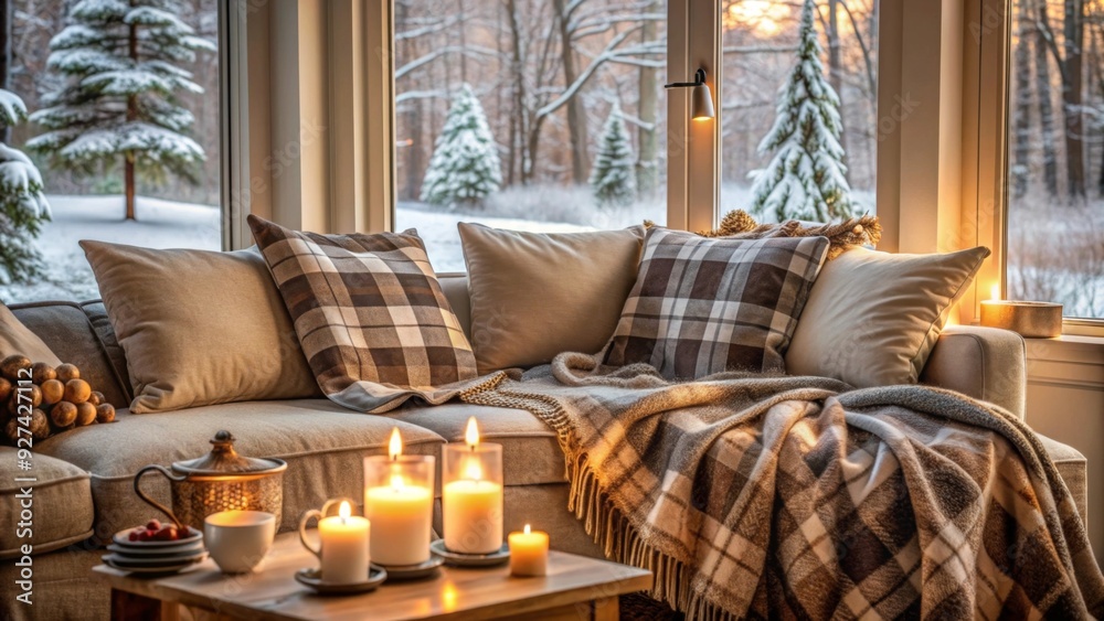 Fototapeta premium Cozy winter modern living room interior with plaid on couch with candles and white flowers