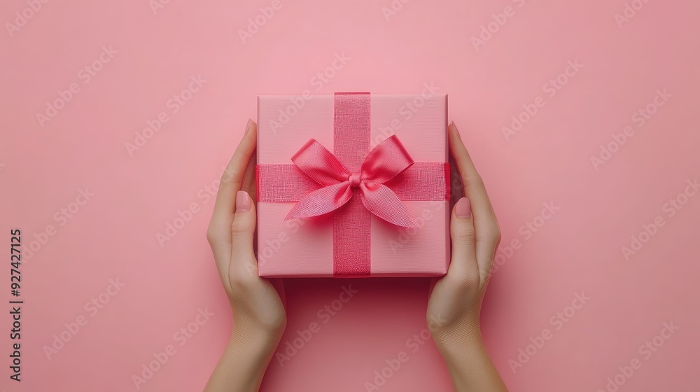 Top view of a gift box in a womanhands, placed on a solid color background, symbolizing generosity and celebration Top view of a gift box in a womanhands, placed on a solid color background, symbolizing generosity and celebration