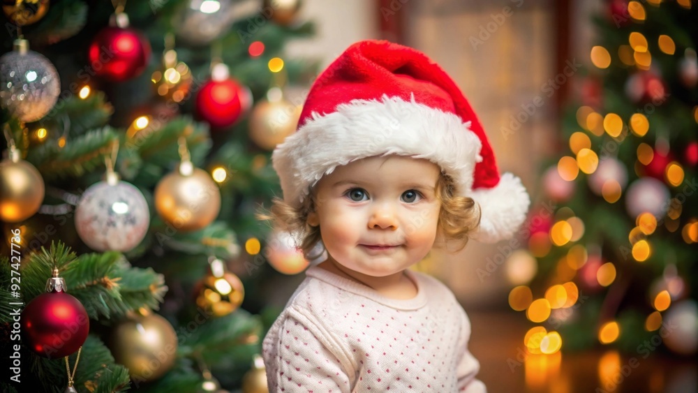 Cute baby wearing christmas hat with christmas tree on the background Cute baby wearing christmas hat with christmas tree on the background